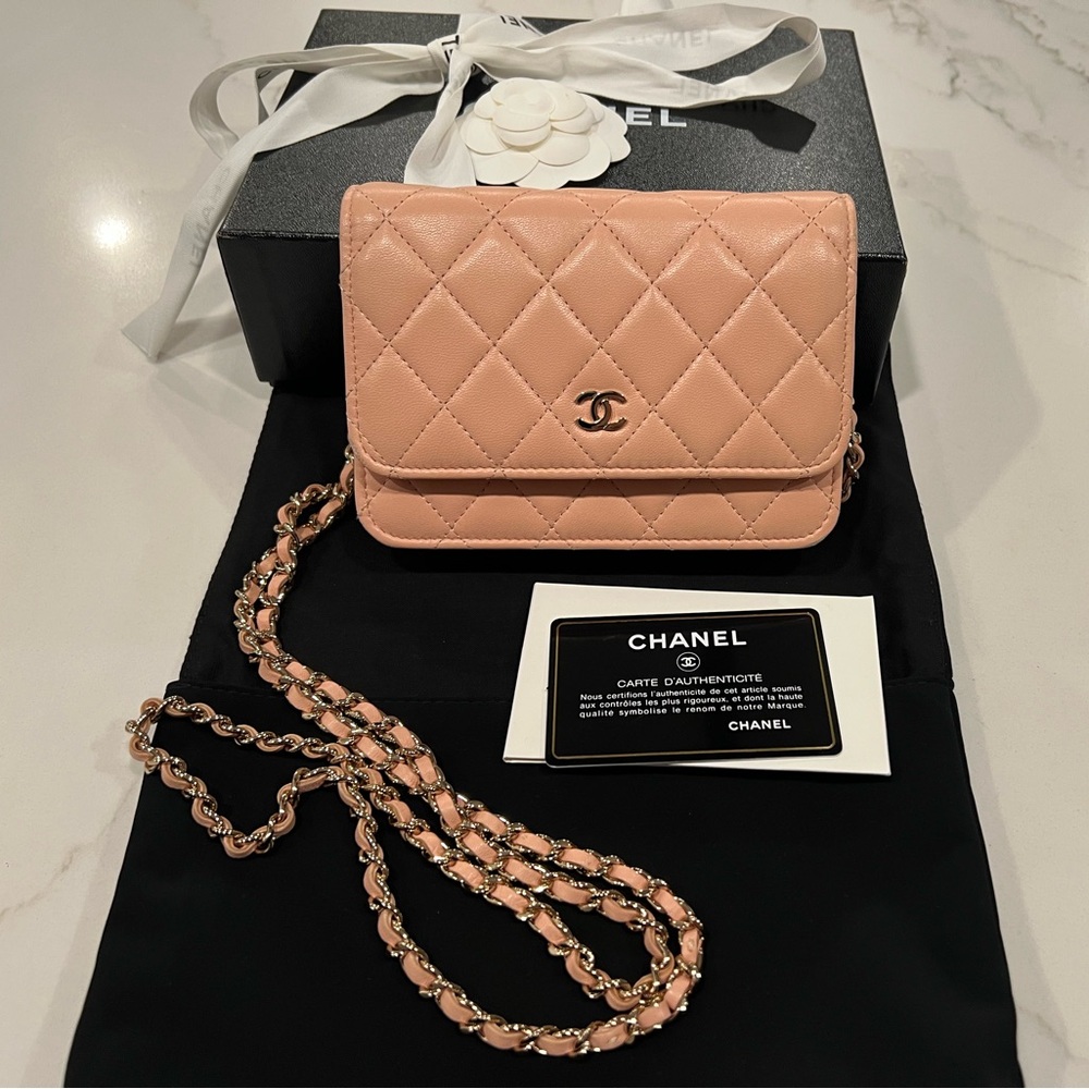 CHANEL pink beige wallet on chain WOC card holder full set